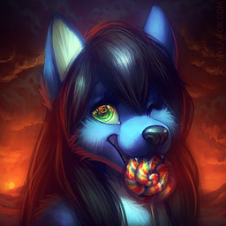 anthro arm_tuft backlighting black_hair black_nose blue_body blue_fur candy cheek_tuft cloud dessert detailed_background eating eyelashes facial_tuft female food fur glistening glistening_eyes glistening_nose green_eyes green_sclera hair happy light lollipop looking_at_viewer nude one_eye_closed outside shoulder_tuft smile solo sunset text tuft mylafox canid mammal 1:1 2017 bust_portrait detailed icon lighting portrait url