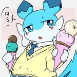 ambiguous_gender anthro blue_body blue_eyes blue_fur blue_markings blush bodily_fluids cheek_tuft clothed clothing dessert dialogue facial_tuft food fur holding_food holding_ice_cream holding_ice_cream_cone holding_object ice_cream ice_cream_cone markings melting_ice_cream multicolored_body multicolored_fur narrowed_eyes necktie offering_food offering_to_viewer open_mouth shirt simple_background solo standing sweat sweater tail text toony topwear tuft two_tone_body two_tone_fur ardest palworld palworld!_more_than_just_pals pocketpair chillet_(palworld!_more_than_just_pals) chillet pal_(species) 1:1 2024 digital_media_(artwork) japanese_text low_res translated