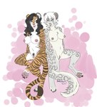 anthro black_hair breasts duo female fur genitals grey_body grey_fur hair half-closed_eyes narrowed_eyes navel nipples orange_body orange_fur pubes pussy white_hair sansunari fiona_(wolfpack67) jane_(wolfpack67) felid mammal pantherine snow_leopard tiger hi_res