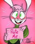 anthro black_text black_whiskers blush bottomwear brown_clothing buckteeth clothed clothing eyelashes female fingers freckles fur green_eyes hair holding_object holding_sign looking_at_viewer open_mouth open_smile pink_background pink_body pink_hair pink_text pink_tongue rate_me scut_tail short_tail sign simple_background skirt smile solo tail teeth text tongue topwear whiskers silentjack rachael_rabbit lagomorph leporid mammal rabbit 2022 artist_name colored digital_drawing_(artwork) digital_media_(artwork) english_text hi_res signature