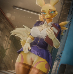 4_fingers anthro bedroom_eyes big_breasts black_claws black_eyebrows black_nose blue_eyes bodily_fluids bottomwear bracelet breasts cheek_tuft chest_tuft claws cleavage clitoral_hood clothed clothed_anthro clothed_female clothing clothing_lift collared_shirt cute_fangs dipstick_ears dipstick_tail double_tomoe dripping ear_markings eyebrows eyelashes eyewear facial_markings facial_tuft fangs female female_anthro fingers fluffy fluffy_tail front_view fur fur_markings genital_fluids genitals glasses gloves_(marking) gold_(metal) gold_bracelet gold_jewelry head_markings holding_object inside jewelry leg_markings legwear looking_at_viewer markings multicolored_body multicolored_clothing multicolored_ears multicolored_fur multicolored_tail narrowed_eyes no_underwear pince-nez pink_tongue pink_vulva presenting presenting_vulva pupils purple_clothing purple_markings school school_hallway school_uniform seductive shirt skirt skirt_lift solo standing tail tail_markings tail_tuft teeth text thigh_gap thigh_highs thigh_markings tomoe_(symbol) tongue topwear tuft uniform vaginal_fluid_drip vaginal_fluid_string vaginal_fluids vulva wearing_glasses white_body white_breasts white_clothing white_ears white_fur white_tail yellow_body yellow_ears yellow_fur yellow_tail jaeger3d mayosplash_(modeler) bandai_namco digimon digi_(yourdigimongirl) fan_character canid digimon_(species) mammal renamon 2025 3d_(artwork) absurd_res artist_name digital_media_(artwork) hi_res