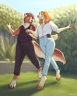 anthro barefoot bottomwear button_(fastener) cellphone claws clothing dancing denim denim_bottomwear denim_clothing duo electronics eyewear facial_piercing feet female fence garden glasses in_pocket jeans light looking_at_another looking_at_partner male nose_piercing pants pawpads paws phone piercing plant pockets romantic romantic_couple smartphone smile sunlight vines waltz_(dance) glopossum brittany_spaniel canid canine canis collie domestic_dog herding_dog mammal pastoral_dog rough_collie sheepdog 2025 4:5 digital_media_(artwork) hi_res
