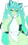 alternate_species antennae_(anatomy) anthro big_breasts blue_hair breasts clothing eyelashes female fur green_body green_eyes green_fur green_pupils hair hair_between_eyes leotard long_hair looking_at_viewer necktie open_mouth pupils solo twintails_(hairstyle) undressing white_clothing white_leotard kuru_tyan vocaloid hatsune_miku alien domestic_cat felid feline felis mammal hi_res