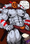 abs anthro armor axe big_pecs bottomwear clothing duo fluffy_body fluffy_chest headgear helmet horn loincloth male muscular muscular_anthro muscular_male nipples pecs scarf solo_focus weapon jwbash atlyss enok_(atlyss) poon_(atlyss) absurd_res hatching_(art) hi_res shaded traditional_media_(artwork)