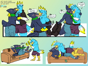 bodily_fluids clothed clothing dialogue dominant french_kissing kissing making_out male male/male pushing saliva text undressing conditional_dnp lustylamb taylor_vee avian bird absurd_res comic digital_media_(artwork) english_text hi_res