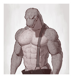abs anthro biceps border bottomwear clothed clothing countershade_face countershade_neck countershade_torso countershading front_view looking_at_viewer male mouth_closed multicolored_body multicolored_scales muscular muscular_anthro muscular_male overbite pecs pupils scales slit_pupils solo suspenders topless topless_anthro topless_male two_tone_body two_tone_scales white_border kingarthur_i lizard reptile scalie 2023 digital_drawing_(artwork) digital_media_(artwork) half-length_portrait hi_res portrait restricted_palette