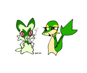 duo green_body plant smoking bnrnzk nintendo pokemon generation_5_pokemon generation_9_pokemon pokemon_(species) snivy sprigatito