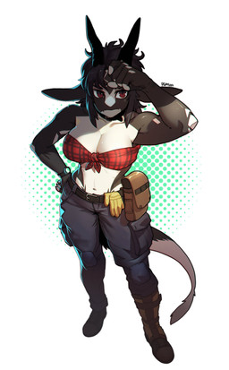 5_fingers anthro belt black_body black_hair boots breasts clock clothing female fingers footwear fur gloves hair hand_on_hip handwear horn looking_at_viewer multicolored_body multicolored_skin navel red_eyes shoes solo standing tail watch white_body pgm300 mythology chabett dragon furred_dragon furred_scalie mythological_creature mythological_scalie reptile scalie wingless_dragon 2019 absurd_res digital_media_(artwork) hi_res shaded signature