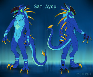 2_toes 3_fingers 4_eyes anthro back_spikes blue_background blue_body claws feet fingers glowing glowing_eyes gold_spikes golden_claws gradient_background green_eyes male multi_eye open_mouth simple_background solo spikes spikes_(anatomy) tail teeth toes cyberspaceart sam_(sam_ayou) alien absurd_res hi_res model_sheet