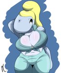 anthro big_breasts big_head black_eyes blonde_hair blowhole blue_body blush body_blush breast_blush breasts clothed clothing female hair solo cranebear nickelodeon spongebob_squarepants pearl_krabs cetacean mammal marine sperm_whale toothed_whale whale 5:6 hi_res
