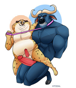 anthro balls big_cheeks chubby_cheeks collar countershading dominant dominant_male duo erection genitals horn humanoid_genitalia humanoid_penis larger_male larger_sub leash leash_pull male male/male muscular muscular_male muscular_sub nipples nude overweight overweight_male penis penis_size_difference power_bottom size_difference smaller_male submissive submissive_male vitzeal disney zootopia benjamin_clawhauser chief_bogo bovid bovine cape_buffalo cheetah felid feline mammal hi_res