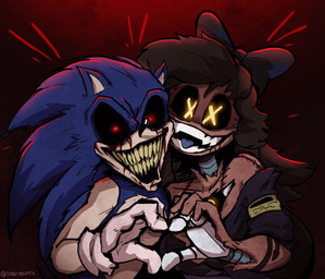 :3 anthro arm_tattoo armband bare_shoulders black_body black_clothing black_dress black_hair black_sclera blood blood_from_eye blue_body blue_fur bodily_fluids bow_ribbon brown_body brown_skin clothing corpse corset crossover_ship directional_arrow disguise dress duo fangs female fur gesture gloves glowing glowing_eyes grey_body hair handwear heart_gesture heart_symbol lines_on_body lingerie machine male male/female metal metallic_body nightmare_fuel open_mouth open_smile red_eyes romantic romantic_couple scar scars_all_over screen screen_face seam_(sewing) segmented_body sharp_teeth simple_background skinsuit smile stitch_(sewing) surgical_suture tattoo teeth text tight_clothing tongue tongue_out topwear white_body x_eyes yellow_armband yellow_eyes diddlydooter1 glitch_productions murder_drones sega sonic.exe_(creepypasta) sonic_the_hedgehog_(series) cyn_(murder_drones) sonic.exe tessa_(murder_drones) eldritch_abomination eulipotyphlan hedgehog human humanoid mammal patchwork_creature robot robot_humanoid undead worker_drone zombie artist_name crossover digital_drawing_(artwork) digital_media_(artwork) signature