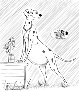 belly big_belly camera collar collar_only duo female feral flower fur heart_symbol looking_at_viewer male markings nude paws plant pose pregnant pregnant_female pregnant_feral raised_tail side_view smile smiling_at_viewer spots spotted_body spotted_fur tail teats toony convexpert 101_dalmatians disney perdita pongo canid canine canis dalmatian domestic_dog mammal 2021 absurd_res hi_res monochrome