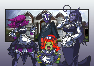 apron breasts butler clothing detailed_background eyewear facial_hair female glasses gloves group hair handwear legwear long_hair maid_uniform male monocle mustache open_mouth plant pokemorph red_hair smile thigh_highs uniform white_hair wide_hips bittenhard nintendo pokemon bellossom elemental_creature flora_fauna generation_1_pokemon generation_2_pokemon generation_3_pokemon haunter humanoid pokemon_(species) sableye shuppet 2009