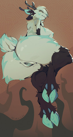 anthro antlers anus areola blue_vulva breasts butt digitigrade female fluffy genitals hair hooves horn looking_at_viewer looking_down looking_down_at_viewer low-angle_view nipples nude nude_female small_tail solo tail thick_thighs vulva white_body akima1232 deer mammal hi_res