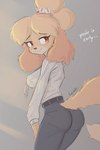 anthro belt bottomwear breasts brown_eyes butt clothing cute_fangs dialogue eyebrow_through_hair eyebrows eyelashes fangs female freckled_face freckles fur hair necktie pants shirt solo teeth topwear translucent translucent_hair yellow_body yellow_fur freckelz animal_crossing nintendo isabelle_(animal_crossing) canid canine canis domestic_dog mammal shih_tzu toy_dog 2025 hi_res