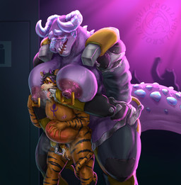 abdominal_bulge anthro big_breasts bodily_fluids breasts chastity_cage chastity_device cybernetic_limb dominant dominant_intersex duo eyewear female femboy femboy_penetrated finger_in_mouth glasses huge_breasts intersex intersex/male male male/female mature_female nipple_piercing nipples piercing prosthetic prosthetic_limb public public_nudity saliva size_difference slightly_chubby smaller_male submissive submissive_male bulkrolly fallout microsoft deathclaw demon felid mammal pantherine scalie succubus tiger absurd_res hi_res