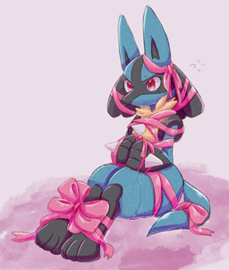 3_toes accessory ambiguous_gender blue_body blue_fur bodily_fluids bound bow_(feature) bow_accessory bow_ribbon ear_bow feet foot_bow fur furgonomics gift gift_wrapped hand_bow person_as_gift person_present pink_background pink_bow ribbons simple_background smile solo sweat tail tail_accessory tail_bow tail_ribbon toes sakucat_03 nintendo pokemon canid canine generation_4_pokemon lucario mammal pokemon_(species) 2019 hi_res