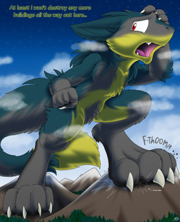 4_toes anthro building cabin claws cloud destroyed_building destruction fangs feet fluffy forest fur green_body green_fur grey_body grey_fur growth macro male mountain paws plant red_eyes rubble solo stomping tail tail_tuft teeth text toe_claws toes tree tuft yellow_body yellow_fur catmonkshiro brom_(sahurus) sergal absurd_res english_text hi_res