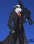 5_fingers anthro barrett barrett_m82a1 black_clothing black_coat black_nose black_suit black_topwear blue_background canid canine canis cigar cigar_in_mouth clothed clothing coat direlaxion ear_piercing eye_scar facial_scar fingers front_view fully_clothed fur grey_body grey_fur gun hand_in_pocket hi_res male mammal multicolored_body multicolored_fur necktie object_in_mouth piercing pockets portrait ranged_weapon red_eyes red_necktie rifle scar simple_background smoking sniper sniper_rifle snout solo standing suit three-quarter_portrait topwear two_tone_body two_tone_fur weapon white_body white_dress_shirt white_fur wolf