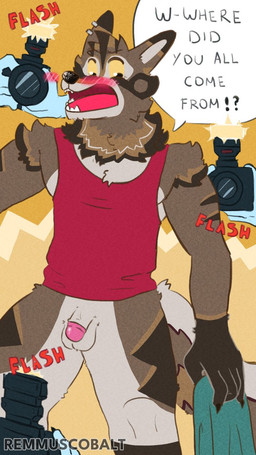 anthro balls blush caught circumcised clothed clothing embarrassed exhibitionism exposed genitals male paparazzi partially_clothed penis solo remmus_cobalt hi_res