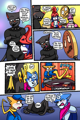 3_toes 5_fingers 5_panel_comic angry annoyed armor assisted_exposure black_body black_fur blue_body blue_fur blush blush_lines bottomless bottomwear bottomwear_down bottomwear_pull butt cane censored_genitalia censored_penis clothed clothing clothing_pull convenient_censorship costume dialogue embarrassed fangs feet female fingers fur gloves group halloween_costume halloween_party handwear harassment hat headgear headwear hitting hitting_head holidays horizontal_pupils jewelry male necklace orange_body orange_fur pants pants_down pants_pull pantsing partially_clothed pink_body pink_nose pink_skin pupils scar scarf sly_cooper's_cane speech_bubble tail tan_body tan_fur teeth text toes tongue white_body white_fur deerkid arc_system_works final_fantasy final_fantasy_ix guilty_gear guilty_gear_strive halloween nintendo sly_cooper_(series) sony_corporation sony_interactive_entertainment square_enix star_fox sucker_punch_productions a.b.a_(guilty_gear) amanda_toad black_panther_(character) fox_mccloud freya_crescent krystal_(star_fox) marcus_mccloud panther_caroso paracelsus sly_cooper amphibian canid canine canis felid feline fox frog mammal pantherine toad_(frog) 2:3 absurd_res censored comic english_text hi_res father_(lore) father_and_child_(lore) father_and_son_(lore) mother_(lore) mother_and_child_(lore) mother_and_son_(lore) parent_(lore) parent_and_child_(lore) parent_and_son_(lore) son_(lore)