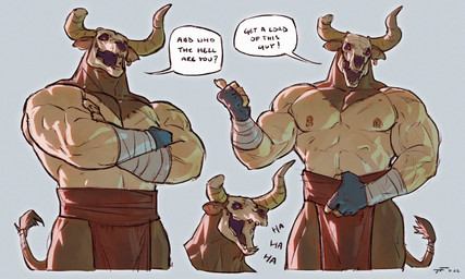 abs anthro biceps bone broken_horn ear_piercing horn male muscular muscular_anthro muscular_male nipple_piercing nipples pecs piercing skull skull_head tail text taran_fiddler european_mythology greek_mythology mythology the_legend_of_pipi minotaur_(the_legend_of_pipi) bovid bovine mammal minotaur 5:3 english_text hi_res