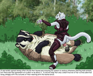 anthro anthro_on_feral anthro_penetrated balls bestiality bodily_fluids bottomless breasts clothed clothing cowgirl_position day druid duo ear_piercing erection female female_on_feral female_on_top female_penetrated feral feral_penetrating feral_penetrating_anthro from_front_position genital_fluids genitals hypnosis interspecies larger_male lying magic magic_user male male/female male_on_anthro male_on_bottom male_penetrating male_penetrating_female mind_control nude on_back on_bottom on_top outside partially_clothed penetration penile penile_penetration penis penis_in_vagina piercing sex size_difference smaller_female smaller_penetrated spread_legs spreading straddling tail text tongue tongue_out tribal_spellcaster vaginal vaginal_fluids vaginal_penetration vulva strega badger felid mammal mustelid musteline 2010 english_text