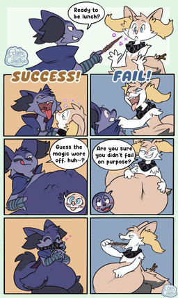 abdominal_bulge ambiguous_gender anthro blush blush_lines bodily_fluids cloak clothing dialogue digestion duo fangs hand_imprint hand_on_belly heart_symbol imprint licking licking_lips magic mind_control open_mouth oral_vore saliva saliva_string scarf soft_vore speech_bubble teeth text timeline_split tongue tongue_out uvula vore wand weight_gain willing_prey eclairscollection nintendo pokemon braixen generation_6_pokemon pokemon_(species) comic english_text hi_res