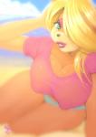 anthro beach big_breasts black_nose blonde_hair bokeh breasts cleavage clothed clothing cloud eyelashes female green_eyes hair hand_behind_head huge_breasts long_hair looking_at_viewer nipple_outline outside panties sand sea seaside shirt sky smile solo t-shirt topwear underwear water parkdale activision crash_bandicoot_(series) tawna_bandicoot bandicoot mammal marsupial 2018 absurd_res hi_res