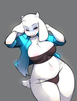 anthro areola areola_slip blush breasts clothed clothing curvy_figure female fur grey_background horn jacket navel nipple_outline one_eye_closed simple_background solo thick_thighs topwear voluptuous white_body white_fur wide_hipped_female wide_hips tsampikos undertale undertale_(series) toriel boss_monster_(undertale) bovid caprine mammal digital_media_(artwork)