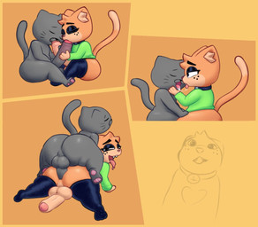 after_kiss all_fours anal anal_penetration anthro anthro_on_anthro anthro_penetrated anthro_penetrating anthro_penetrating_anthro balls big_balls big_butt big_penis black_eyeshadow black_nose bodily_fluids butt cat_tail clothed clothed/nude clothing curvy_figure duo erection eyelashes eyes_closed eyeshadow fellatio freckled_face freckles from_behind_position fur genitals glistening_eyelids grey_body grey_fur holding_penis huge_balls huge_butt huge_penis kissing legwear licking long_eyelashes looking_at_another looking_at_partner looking_back looking_pleasured makeup male male/male male_penetrated male_penetrating male_penetrating_male mutual_fellatio mutual_oral nude on_top open_mouth oral oral_penetration orange_body orange_fur partially_clothed pawpads paws penetration penile penile_penetration penis penis_in_ass penis_in_mouth penis_kissing penis_lick perineum pink_nose raised_tail rear_view saliva saliva_string sex simple_background smile stockings sweater tail thick_thighs thigh_highs tongue tongue_out topwear voluptuous wide_hips meowny el_cato meowny_(meowny) domestic_cat felid feline felis mammal comic