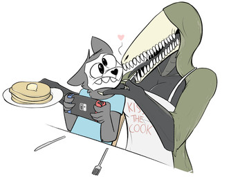 anthro apron bone claws clothing crossgender cutlery duo electronics female food fork game_console heart_symbol kitchen_utensils knife male pancake simple_background skull text text_on_apron text_on_clothing tools young young_anthro young_male keadanger nintendo nintendo_switch scp_foundation malc0m scp-682 canid canine mammal reptile scalie 2018 english_text hi_res