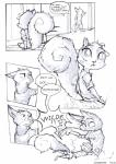 2018 absurd_res anthro bodily_fluids canid canine clothed clothing comic dialogue disney duo ellipsis english_text fox greyscale hi_res male mammal monochrome nick_wilde red_fox rodent sciurid signature speech_bubble sprinkah standing sweat sweatdrop tackle text tree_squirrel true_fox zootopia