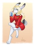 anthro bendy_straw black_nose blonde_hair blue_eyes breasts dipstick_ears drinking_straw ear_markings female fur hair multicolored_ears scut_tail short_tail solo tail water_glass white_body white_fur sonitweek star_trek aria_(squirrel) lagomorph leporid mammal rabbit 2020