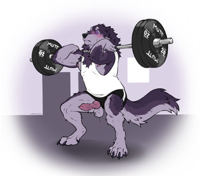 animal_genitalia animal_penis anthro ball_slip balls barbell barbell_piercing blush bodily_fluids bottomwear canine_genitalia canine_penis clothed clothing crouching erection exercise fur genitals grey_body grey_fur ineffective_clothing knot knotted_penis male male_anthro musclegut muscular muscular_anthro muscular_male nipple_barbell nipple_piercing nipple_slip nipples notched_ear penis penis_poking_out piercing pink_penis purple_body purple_eyes purple_fur revealing_shirt revealing_tank_top shirt shorts skimpy slightly_chubby slightly_chubby_anthro slightly_chubby_male solo sweat tail tank_top topwear vein veiny_penis wardrobe_malfunction weightlifting workout labradorszn mythology canid canine mammal mythological_canine mythological_creature werecanid werecanine werecreature werewolf 2025 hi_res