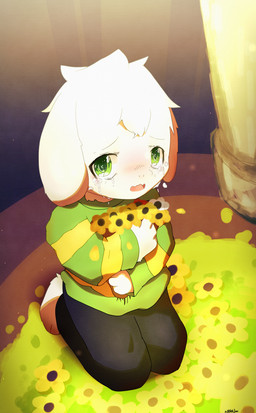 anthro bodily_fluids clothing crying flower fur grass green_eyes kemono kneeling male multicolored_clothing plant solo tears white_body white_fur young young_anthro young_male n00bt1m undertale undertale_(series) asriel_dreemurr boss_monster_(undertale) bovid caprine goat mammal absurd_res hi_res