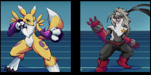 anthro armwear belt bottomwear clothing duo elbow_gloves featureless_crotch female footwear fur gloves grey_body grey_fur grey_hair hair handwear mask mechanical_arm open_mouth pants red_eyes shoes snaggle_tooth star teeth white_body white_fur yellow_body yellow_fur hexacruzader bandai_namco digimon canid digimon_(species) mammal renamon wolvermon 2026 2:1 absurd_res digital_media_(artwork) hi_res