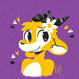 2_horns ambiguous_gender anthro blush blush_lines cheek_tuft facial_tuft flower_on_head head_tuft heart_symbol horn lgbt_pride looking_at_viewer nonbinary_pride_colors pride_colors purple_background simple_background smile solo tuft fuel_(artist) chico_(fuel) antelope bovid mammal 2026 bust_portrait hi_res portrait signature