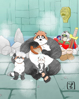 anthro bathing belly big_belly black_body black_nose brown_body detailed_background eyes_closed group kemono male overweight overweight_male sitting white_body young kumacchi canid canine mammal raccoon_dog tanuki 2024 absurd_res censored hi_res