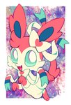 3_toes ambiguous_gender cute_fangs digitigrade eeveelution extyrannomon_(artist) featureless_crotch feet feral generation_6_pokemon happy hi_res multicolored_body nintendo open_mouth paws pokemon pokemon_(species) ribbons simple_background solo sylveon tail three-quarter_view toes