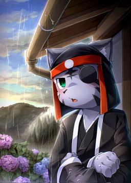 anthro asian_clothing black_clothing black_headdress black_kimono blush clothing cloud crossed_arms east_asian_clothing eye_patch eyewear fangs flower japanese_clothing kimono looking_at_viewer male open_mouth plant raining serious sky solo teeth tongue wet wet_body young young_anthro young_male kemokemo02091 bemani konami pop'n_music pop'n_music_9 kagetora_(pop'n_music) felid mammal pantherine 2026 absurd_res hi_res japanese_description