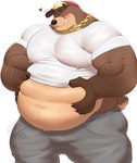 anthro arm_hair barazoku belly belly_overhang big_belly blush body_hair bottomwear bulge chain_necklace clothing holding_belly jewelry male multicolored_hat musclegut muscular muscular_male necklace nipple_outline overweight overweight_male pants shirt smile solo sweatpants t-shirt tail topwear same22shark nelson_bear bear mammal 2024 hi_res