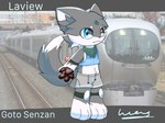 anthro black_pawpads blue_clothing blue_topwear blue_vest bottomwear clothing feet fungus fur gotosenzan green_scarf grey_body grey_bottomwear grey_clothing grey_fur grey_shorts hand_behind_back heterochromia knee_pads male mushroom navel navel_outline pawpads scarf shorts side_view solo text topwear train transformation vehicle vest white_feet white_hands young lucas_yuan_ww canid canine canis mammal wolf 2024 4:3 english_text hi_res