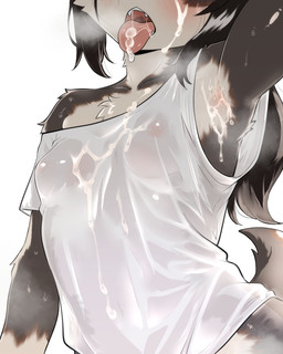 anthro biped blush bodily_fluids breasts clothed clothing cum cum_on_armpit cum_on_tongue female genital_fluids open_mouth shirt solo tongue tongue_out topwear gayoku_midara canid canine mammal 4:5 hi_res