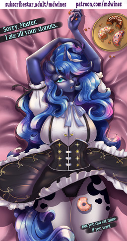 anthro bed bedroom bedroom_eyes big_breasts breasts clothed clothing corset corset_dress crumbs curvy_figure dress female food food_fetish food_play furniture holding_food holding_object horn lace_panties lingerie maid_apron maid_uniform master narrowed_eyes open_mouth panties seductive shirt sleeping slightly_chubby solo speech_bubble submissive submissive_anthro submissive_female text thick_thighs tired topwear underwear uniform wide_hips conditional_dnp mdwines friendship_is_magic hasbro my_little_pony mythology patreon princess_luna_(mlp) equid equine horse mammal mythological_creature mythological_equine pony unicorn absurd_res hi_res url