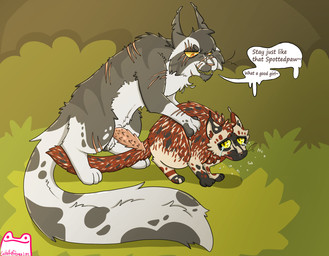 age_difference bodily_fluids crying dialogue dripping_penis duo facial_scar female feral fur genitals good_girl grey_body grey_fur head_tuft imminent_rape imminent_sex logo male male/female markings multicolored_body multicolored_fur open_mouth orange_eyes outside penile_spines penis pink_penis questionable_consent red_body red_fur scar scared sheathed_tapering_penis simple_background size_difference speech_bubble spots spotted_body spotted_fur talking_feral tears text tuft underbelly white_body white_fur yellow_eyes whitefroggim warriors_(book_series) spottedleaf_(warriors) thistleclaw_(warriors) calico_cat domestic_cat felid feline felis mammal tortoiseshell_cat artist_logo artist_name english_text hi_res