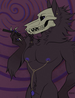 anthro beard cigarette cigarette_holder ear_piercing facial_hair genital_piercing genitals male nipple_piercing nipples penis penis_piercing piercing solo vaxhunt mythology canid canid_demon canine demon hellhound mammal mythological_canine mythological_creature skulldog_(species) hi_res