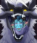 absurd_res ambiguous_form ambiguous_gender blue_body bodily_fluids cheek_tuft dragon drooling duo facial_tuft fangs frill_(anatomy) front_view fur furred_dragon furred_scalie glistening glistening_eyes head_crest head_frill hi_res imperatorcaesar looking_at_viewer mouth_shot mythological_creature mythological_scalie mythology narrowed_eyes neck_tuft open_mouth oral_vore purple_tongue red_eyes saliva saliva_on_tongue saliva_string scalie teeth tongue tongue_out tuft vore white_body white_fur yellow_eyes
