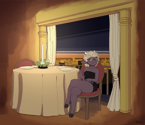 anthro balcony black_clothing black_dress blonde_hair breasts candle chair clothing cocktail_glass container crossed_legs cup curtains detailed_background dress drinking_glass eyewear female fur furniture glass glass_container glass_cup glasses grey_body grey_fur hair horn looking_at_viewer minidress purse railing romantic romantic_ambiance sitting skyline smile solo sunset table yellow_eyes mainlinemojo nyko bovid caprine mammal sheep 2020 absurd_res hi_res